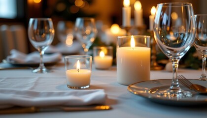 Table close up with glowing candles and shimmering glass reflections, cinematic tone.