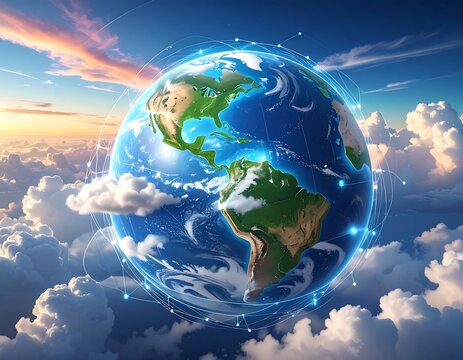 Earth from space surrounded by clouds and digital connection lines