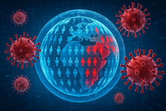Global virus outbreak concept showing Earth with infected population and surrounding virus particles on digital blue background. Ai generative. Ai generative