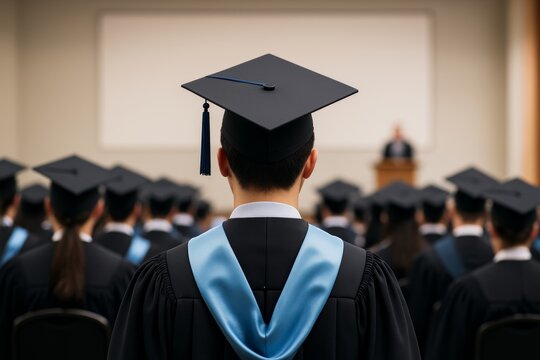 Graduation ceremony with students in academic gowns and caps seated in auditorium, viewed from behind, symbolizing education and achievement concept. Ai generative