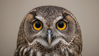 Close-up view of an owl's face and eyes, showcasing sharp features and attentive gaze, observing nature