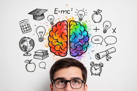 Colorful brain with education and science doodles above student’s head symbolizing learning and creativity on white background. Ai generative. Ai generative