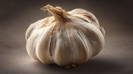 A single bulb of garlic with papery skin on a neutral shaded surface close up