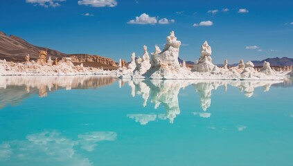Mono Lake Tufa formations and blue sky reflection, highlighting erosion risk