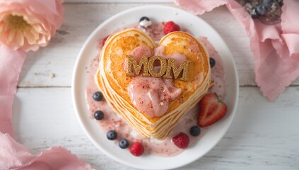 Heart-shaped pancakes with MOM letters, a thoughtful breakfast for Mother's Day, celebrating family connections