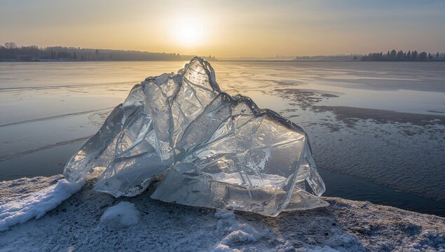 Winter landscape featuring fractured crystal clear ice along a water reservoir, frosty morning light highlights unique ice formations, seasonal change