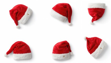 Isolated collection of Santa hats on a white backdrop, seasonal accessory for holiday celebrations