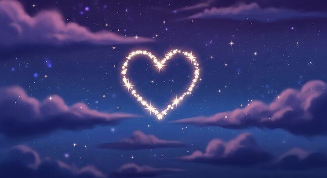 Sparkling heart shape formed by stars in a dreamy night sky with clouds image photo