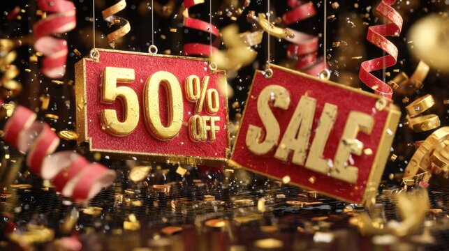 A lively 3D sales backdrop with glowing discount tags and celebratory money elements, evoking retail energy. - Powered by Adobe