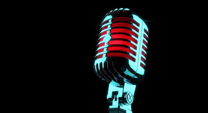 A vintage-style microphone with a red interior and a shiny, set against a stark black background. 
