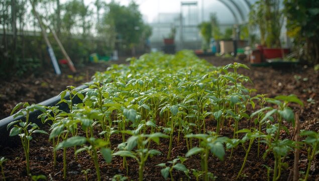 Young tomato seedlings thriving in a watered bed, beneficial for gardening enthusiasts