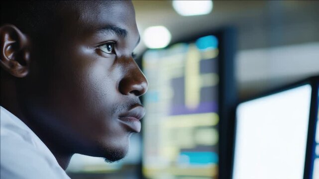 A businessman in a white shirt and dark pants looking at multiple computer screens, suggesting expertise in IT or data analytics.