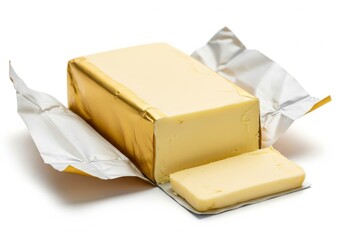 Block of butter unwrapped from gold foil on white background
