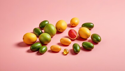 Colorful Kumquats & Citrus Fruits Arrangement on Pink Background - Fresh Produce, Healthy Eating, Vibrant Still Life Photography