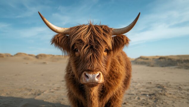 A Scottish cow in the Dutch Dunes, observing its surroundings, urban density