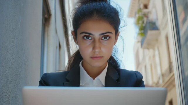 Businesswoman engrossed in digital task, focusing with determination.