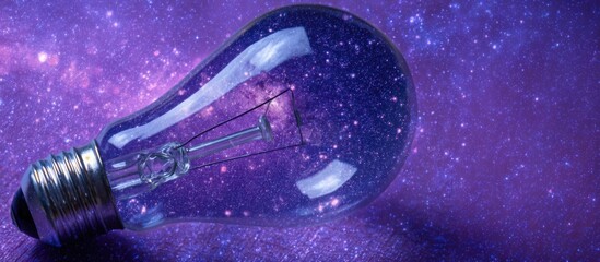 clear glass lightbulb on lavender background, inside swirling purple blue galaxy with tiny stars and nebula textures, dreamy cosmic idea concept