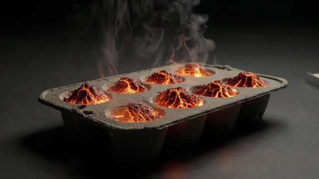 A muffin tin holding what looks like miniature volcanos, smoking