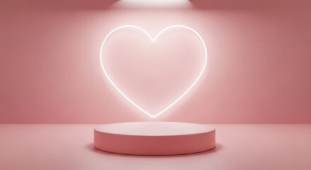 A glowing neon heart shape hovers above a pink podium in a minimalist room, creating a romantic and modern ambiance