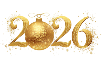 Golden 2026 New Year text with ornate festive Christmas ornaments.