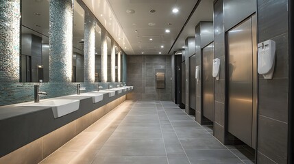 Naklejka premium Public restroom inside airport, clean tiled surfaces, stainless steel details
