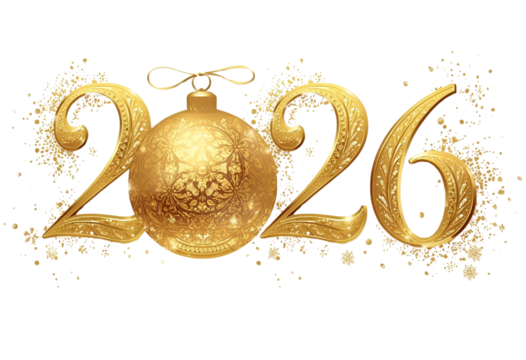 Golden 2026 New Year text with ornate festive Christmas ornaments.