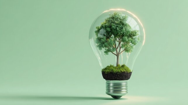 eco glass lightbulb on pastel green background, inside a small lush green tree growing from tiny soil island, symbolizing sustainability, hope
