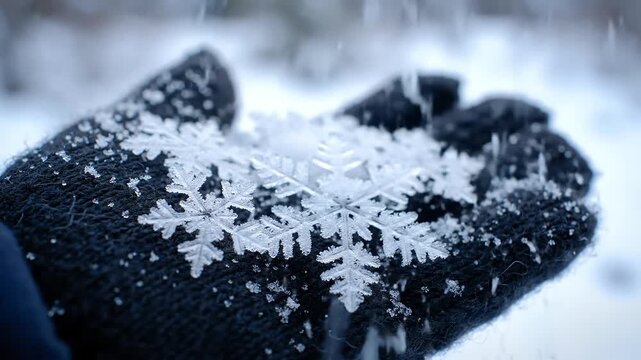 Macro view of beautiful delicate snowflakes resting on a dark knitted glove during a winter snowfall showcasing the intricate crystalline structure in cold weat