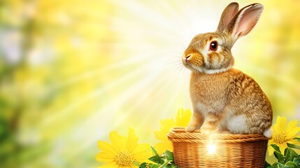 Soft-focus composition with rabbit figure and shining basket arranged symmetrically