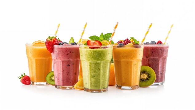 Various fruit smoothies presented against a white backdrop, healthful beverage options, World Health Day