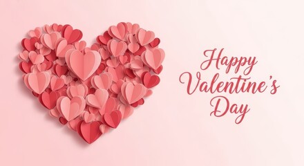 A large heart shape composed of many small pink and red paper hearts, with the text happy valentines day on a soft pink background
