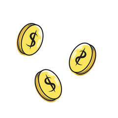 Three Hand Drawn Gold Coins Falling on White Background. Cartoon Dollar Money Vector Illustration. Finance and Payment Clipart Design.