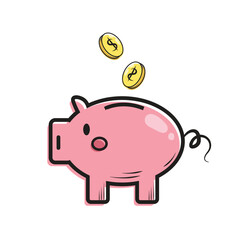 Cartoon Piggy Bank Saving Money with Falling Coins. Hand Drawn Finance and Investment Vector. Pink Pig Clipart for Budgeting Concept.