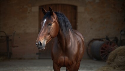 A solitary horse in a rustic barn setting