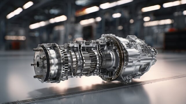 hyperrealistic automotive transmission displayed in three quarter view, sharp metallic components, clean industrial backdrop, precise engineered