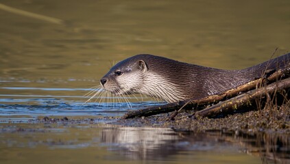 Wet River otter emerges from water beside a log, showcasing its natural habitat and adaptability.