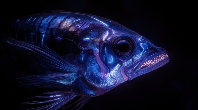hyperrealistic close up of a glowing lanternfish in dark abyss, bioluminescent blue and violet streaks illuminating surrounding water, dramatic