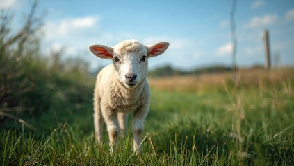 Obraz premium Sheep grazing on a lush green field, highlighting the benefits of a natural habitat, summer