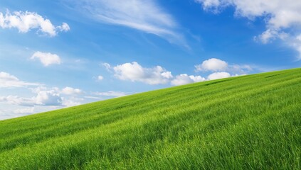 Obraz premium Landscape view featuring lush green grass on a hillside, with a backdrop of blue sky and fluffy clouds, seasonal change