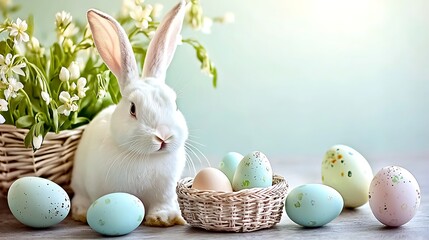 Calm pastel tone showing bunny beside small basket of eggs under glowing daylight