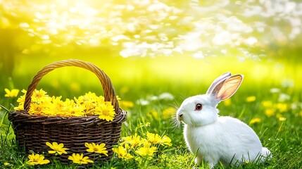 Calm soft focus shot of white rabbit beside basket under warm natural glow
