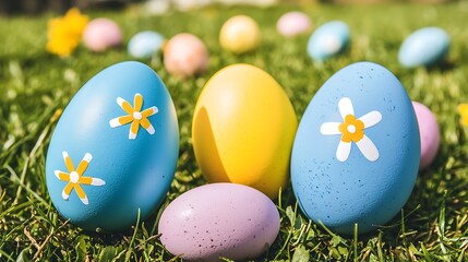 Wide composition showing bright spring garden with soft-focus flowers and scattered eggs