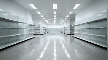 Obraz premium Retail hall with empty shelves, wide aisle, minimalist commercial design
