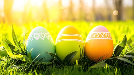 Colorful Easter eggs placed in lush leaves illuminated by warm spring sunlight