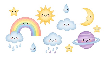 Cute Weather Elements Watercolor Illustration for Kids.