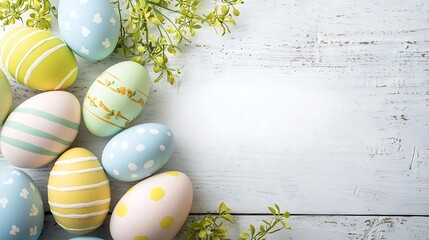 Balanced white background with colorful eggs leaving blank zone for advertising text