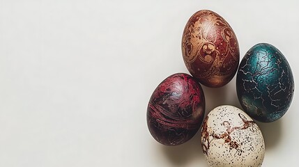 Balanced white background with colorful eggs leaving blank zone for advertising text