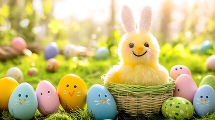 Bright studio shot with Easter basket placed on clean surface under natural sunlight