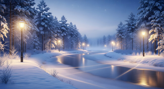 Magical winter wonderland scene with glowing lampposts illuminating a serene snowy forest path beside a tranquil icy river under a starry night sky.