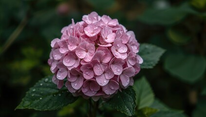 Pink hydrangea flowers adorned with raindrops, highlighting seasonal beauty